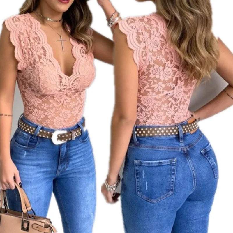 Body en Dentelle Femme - Décolleté Profond - Manches Courtes - Ajusté et Élégant