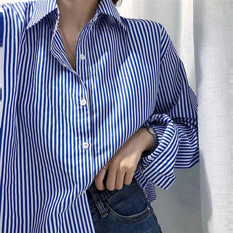 Blouse femme – Coupe oversize – Rayures verticales – Tissu respirant fluide – Boutonnée