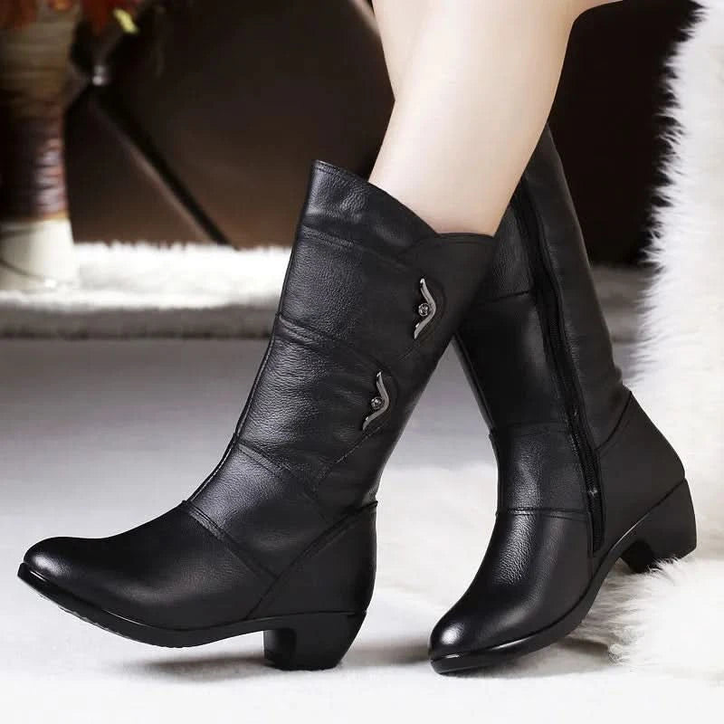 Bottes Femme - Cuir Élégant - Talon Bas Confortable - Fermeture Éclair Pratique