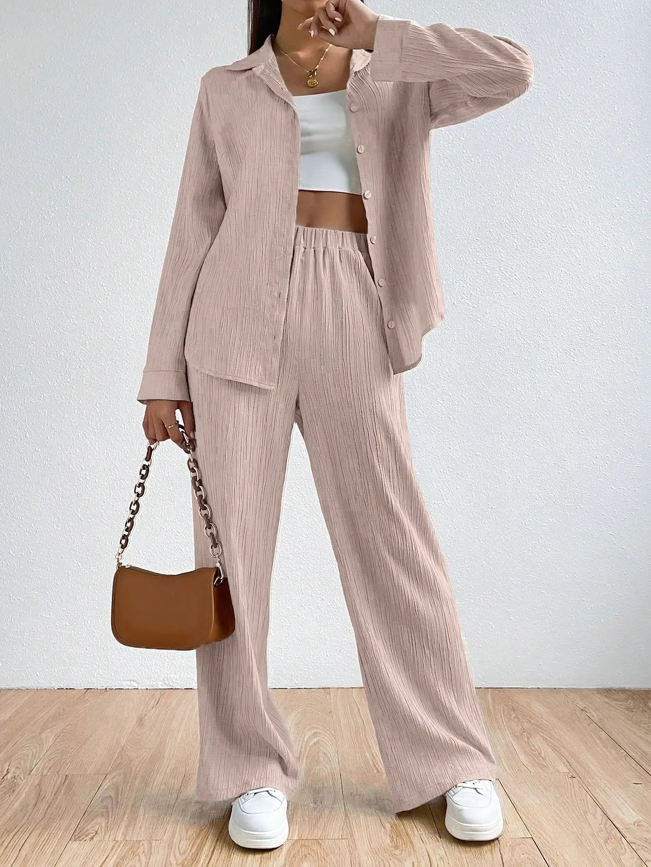 Tailleur Pantalon Femme – Tissu Respirant – Coupe Ample – Chemise Longue Manches Longues – Pantalon Droit Taille Élastique