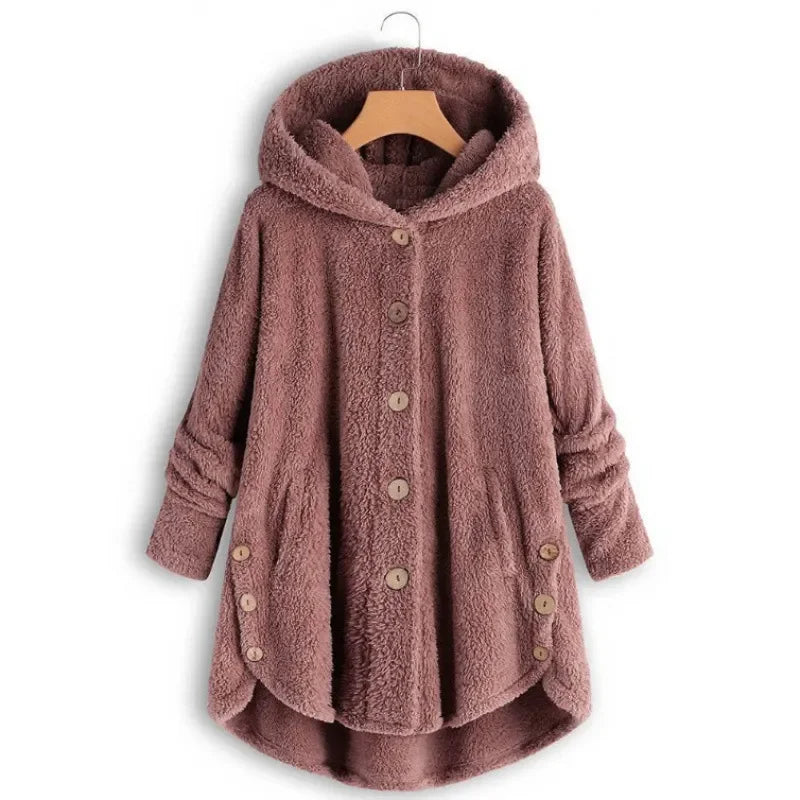 Veste polaire femme – Coupe décontractée – Capuche – Boutons – Ourlet arrière long