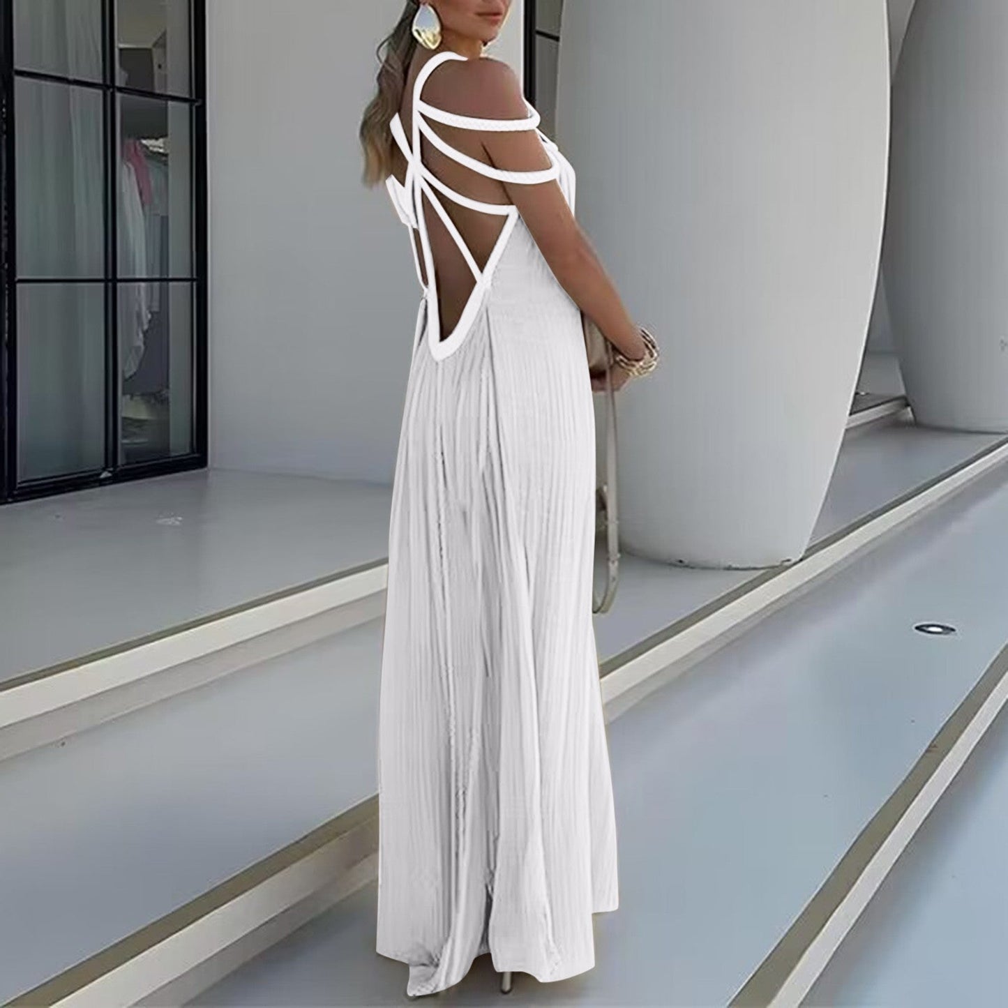 Robe Maxi Femme - Décolleté Halter - Plissée Élégante - Coupe Ample et Fluide