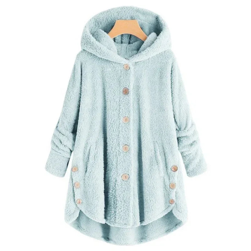 Veste polaire femme – Coupe décontractée – Capuche – Boutons – Ourlet arrière long