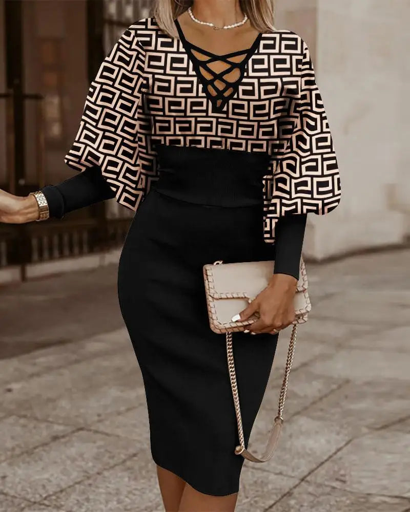 Robe Midi Femme - Motif Géométrique - Col V Lacé - Manches Amples - Taille Cintrée