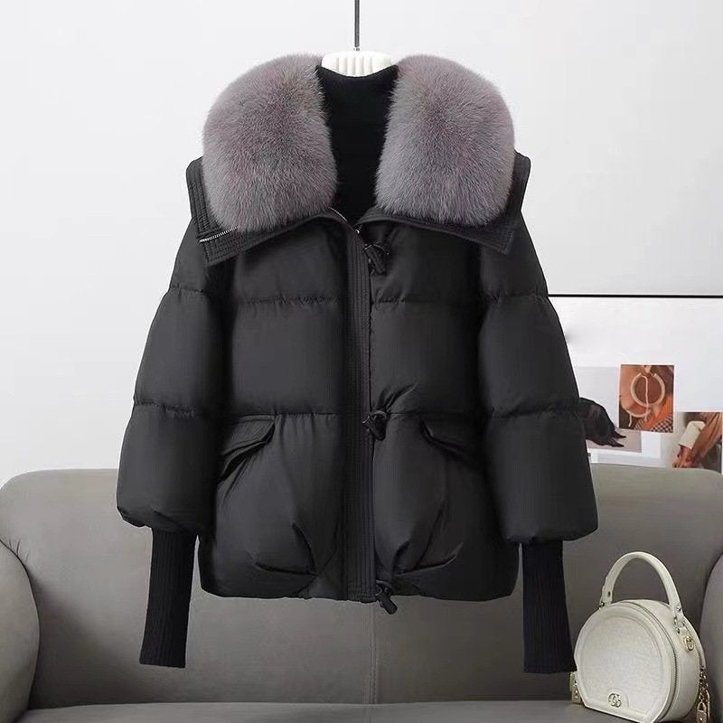 Veste matelassée femme – Coupe oversize – Col fausse fourrure – Poches à rabat