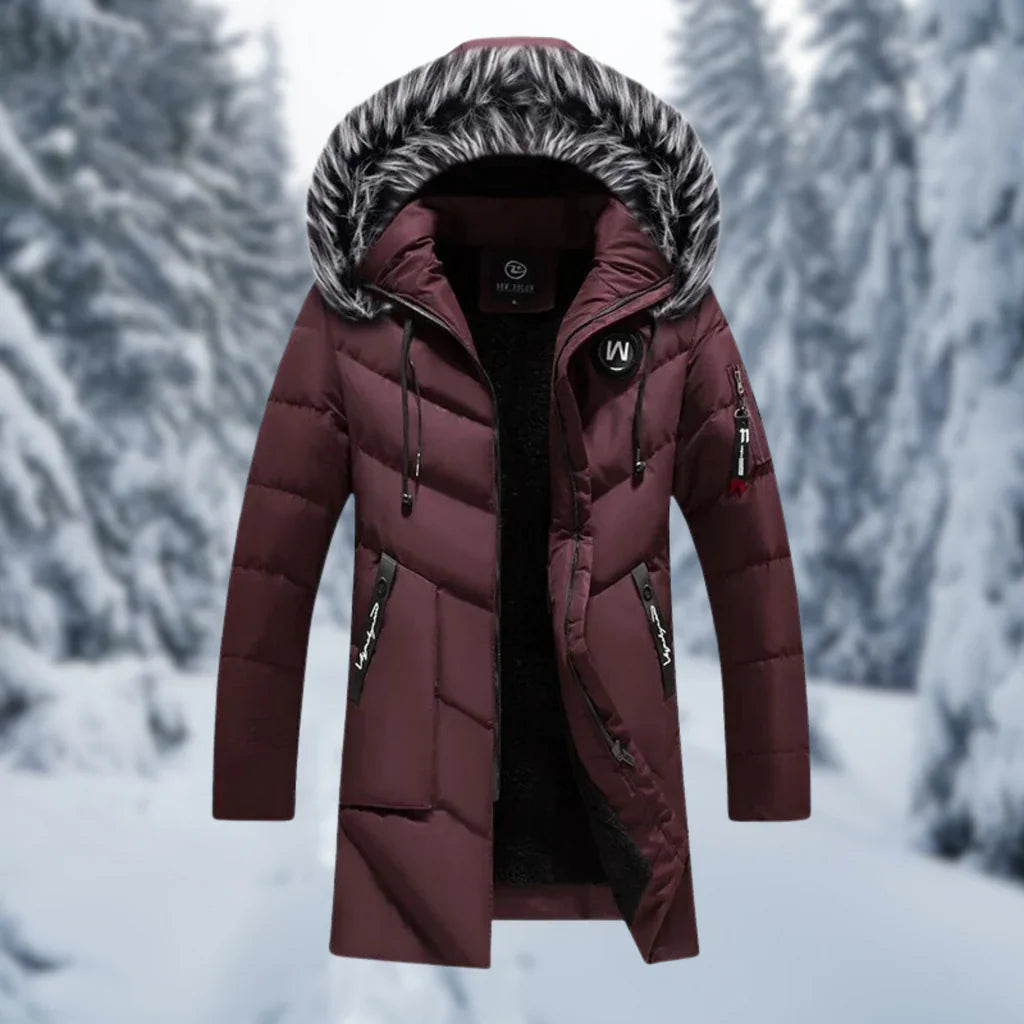 Veste matelassée homme – Coupe oversize – Capuche doublée fausse fourrure – Longueur mi-cuisse – Poignets côtelés
