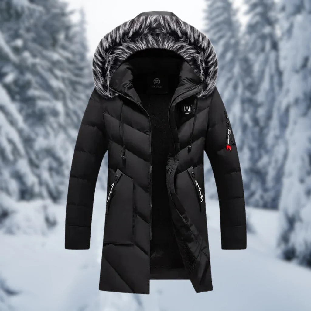 Veste matelassée homme – Coupe oversize – Capuche doublée fausse fourrure – Longueur mi-cuisse – Poignets côtelés