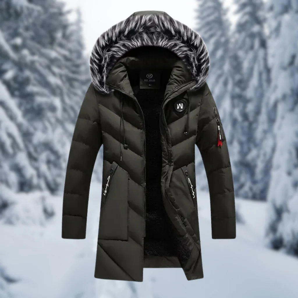 Veste matelassée homme – Coupe oversize – Capuche doublée fausse fourrure – Longueur mi-cuisse – Poignets côtelés