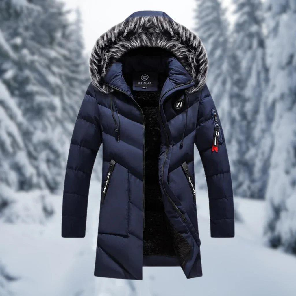 Veste matelassée homme – Coupe oversize – Capuche doublée fausse fourrure – Longueur mi-cuisse – Poignets côtelés