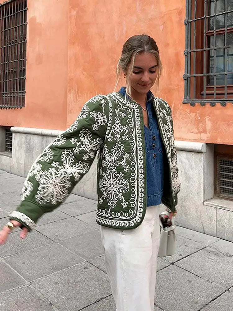 Manteau ethnique femme – Coton – Coupe décontractée – Brodé – Manches lanterne