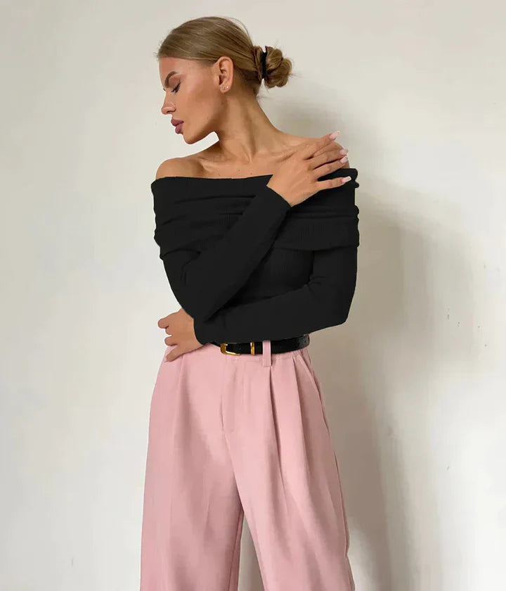 Sweatshirt femme off-shoulder – Côtelé – Coupe ajustée – Manches longues élégantes