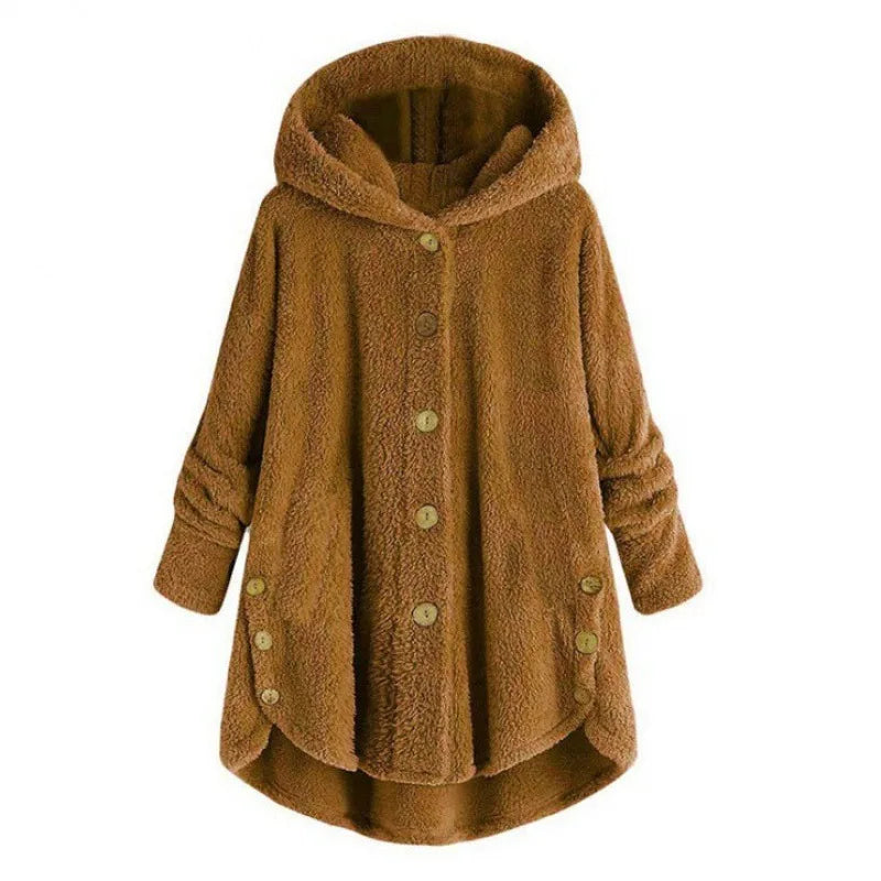 Veste polaire femme – Coupe décontractée – Capuche – Boutons – Ourlet arrière long