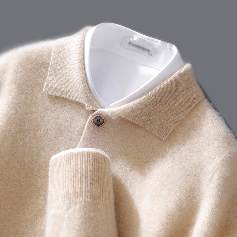 Sweatshirt homme – Maille laine – Coupe décontractée – Col polo – Bouton décoratif