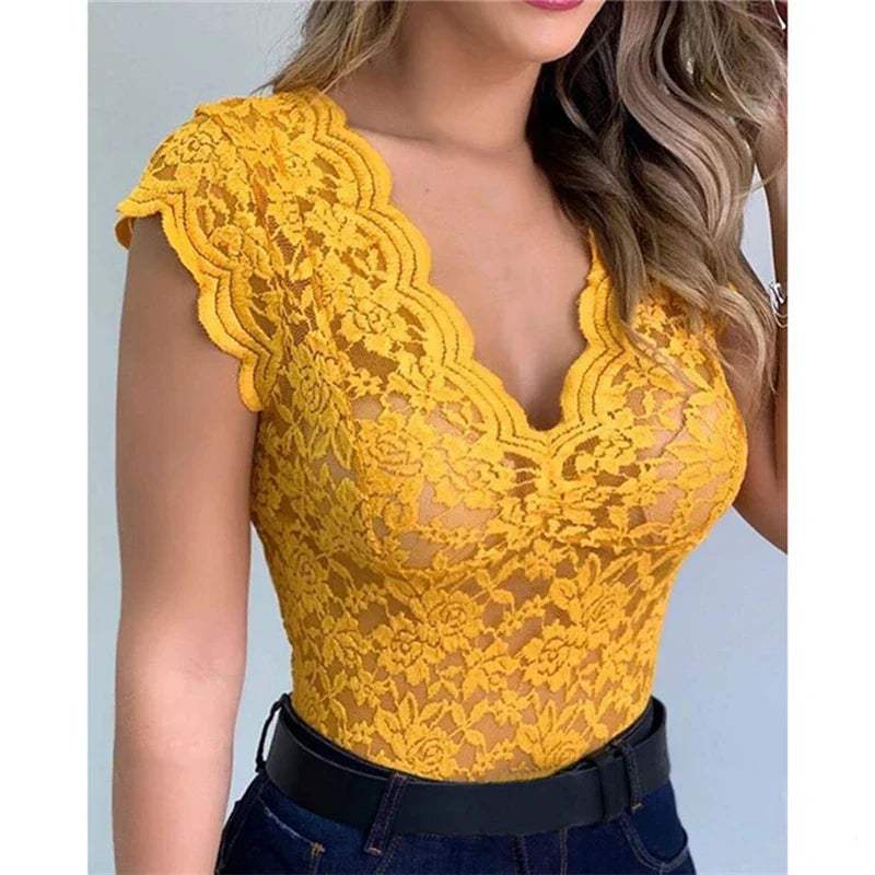 Body en Dentelle Femme - Décolleté Profond - Manches Courtes - Ajusté et Élégant