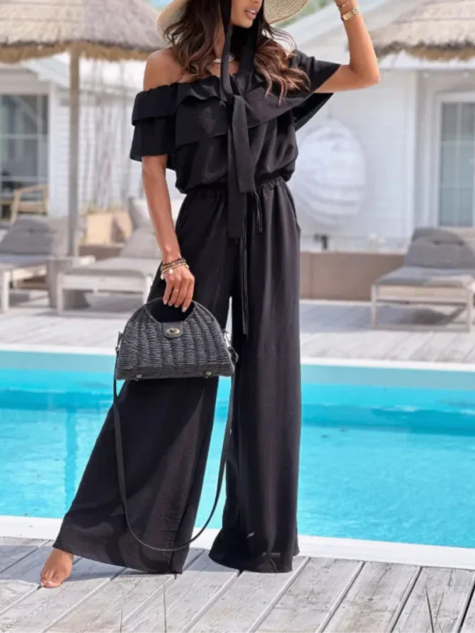 Combinaison femme – Épaules dénudées – Taille ajustable – Jambes larges fluide