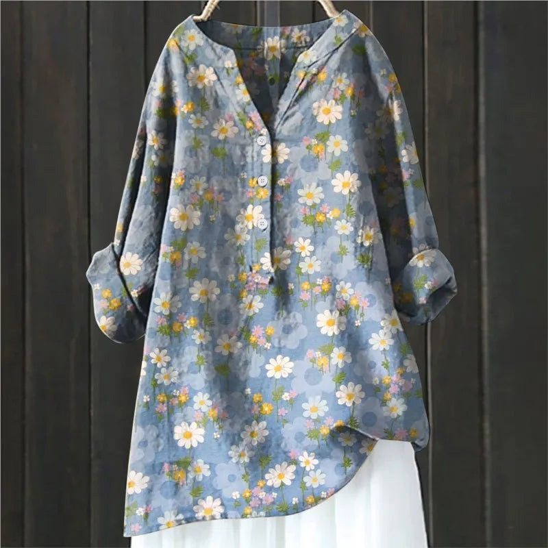 Blouse femme – Coupe décontractée – Motif floral – Manches longues retroussables – Tissu respirant