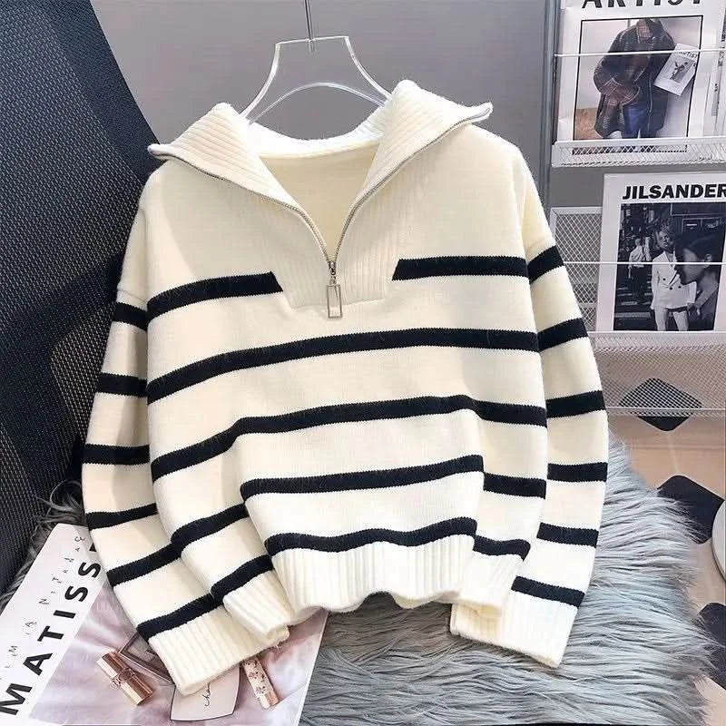 Pull à demi-zip à rayures classique, confortable et douillet pour femme