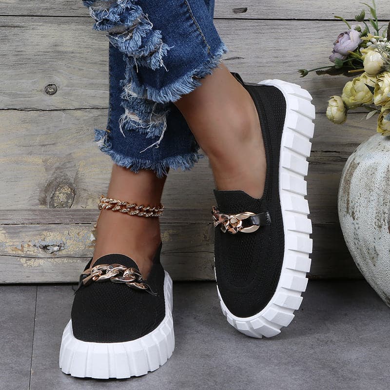 Mocassins Compensés Femme - Enfilage Facile - Chaîne Décorative - Semelle Épaisse Antidérapante