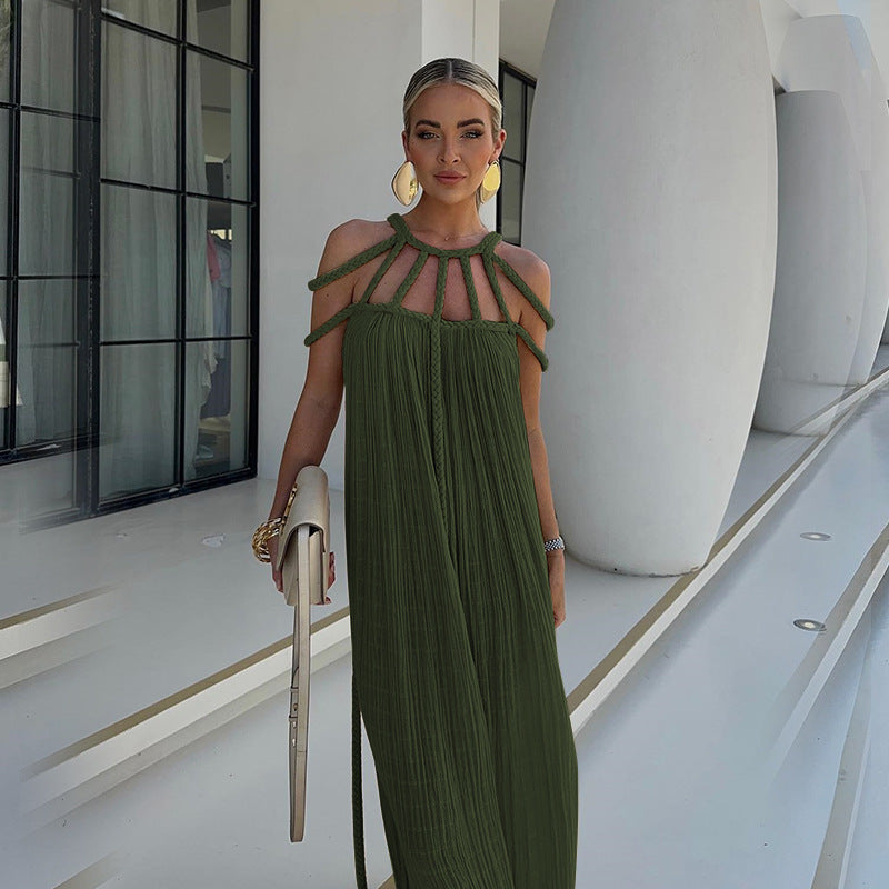 Robe Maxi Femme - Décolleté Halter - Plissée Élégante - Coupe Ample et Fluide