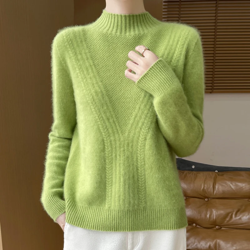 Pull femme – Laine – Coupe décontractée – Col montant – Maille côtelée