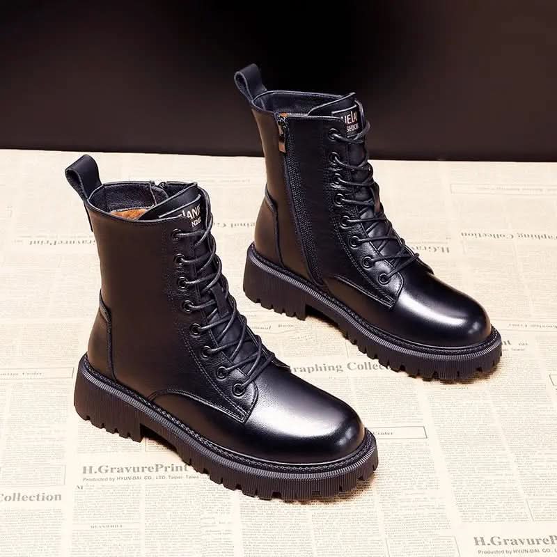Bottes Femme - Cuir Véritable - Lacets & Zip - Semelle Crantée - Style Combat