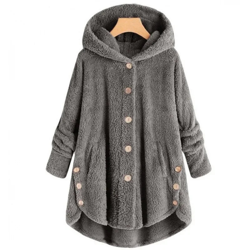 Veste polaire femme – Coupe décontractée – Capuche – Boutons – Ourlet arrière long