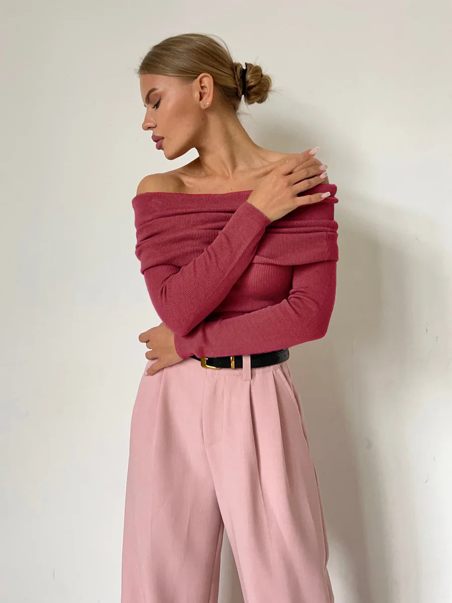 Sweatshirt femme off-shoulder – Côtelé – Coupe ajustée – Manches longues élégantes