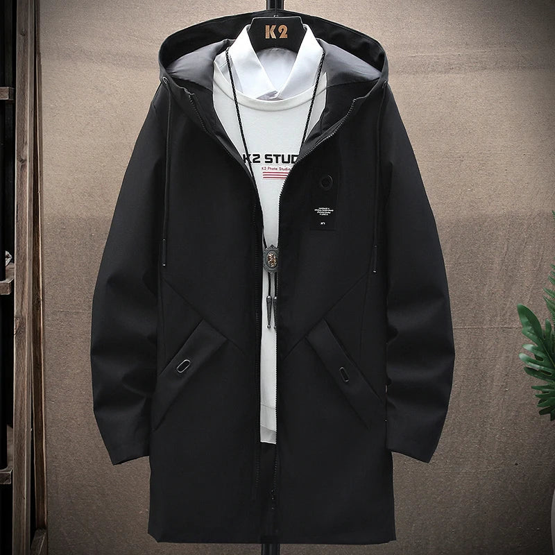 Manteau coupe-vent homme – Long – Coupe ample – Imperméable – Capuche zippée