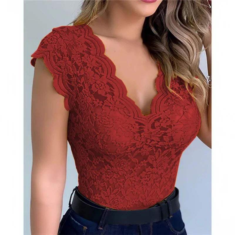 Body en Dentelle Femme - Décolleté Profond - Manches Courtes - Ajusté et Élégant