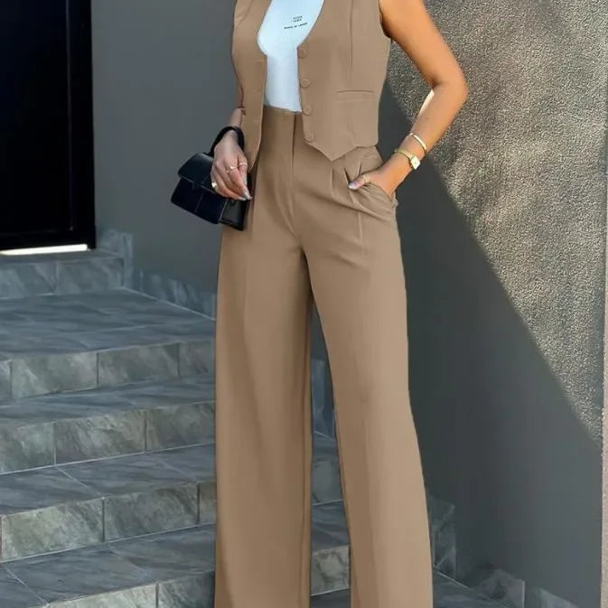 Ensemble élégant 2 pièces - Haut sans manches et pantalon taille haute
