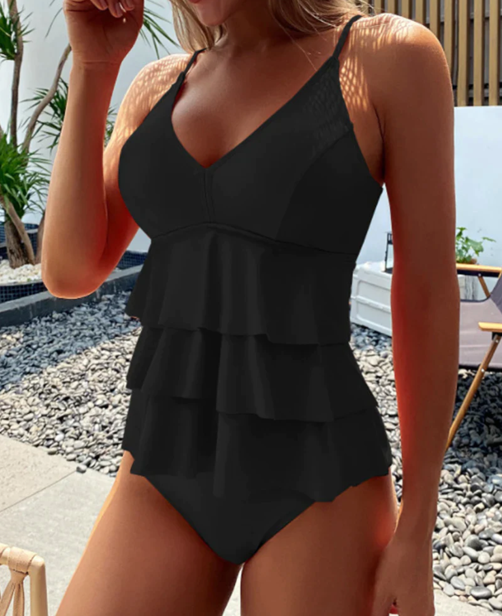 Tankini Femme – Haut Volants Superposés – Bretelles Fines – Confort et Élégance