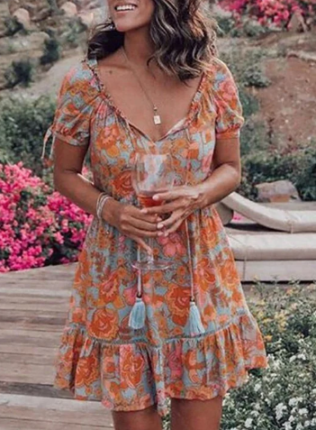 Robe Mini Femme - Style Bohème - Imprimé Fleuri - Manches Courtes - Col V avec Tassels