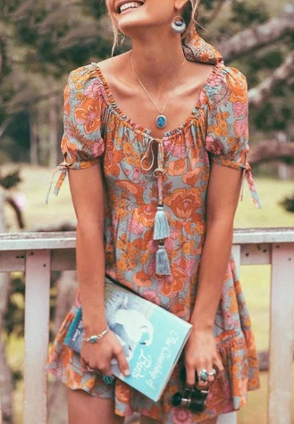 Robe Mini Femme - Style Bohème - Imprimé Fleuri - Manches Courtes - Col V avec Tassels