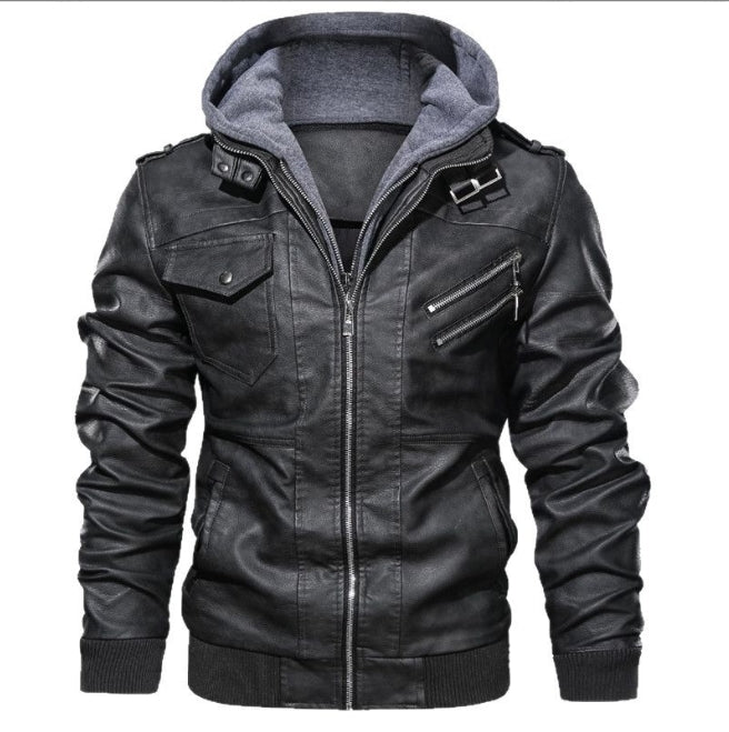Blouson homme – Cuir – Coupe slim – Capuche – Poches multiples – Fermeture zippée