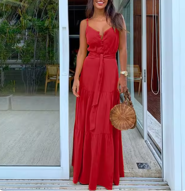 Robe Longue Femme – Bretelles Fines – Boutonnée – Ceinture Taille – Jupe Volants