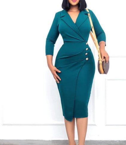 Robe Midi Femme - Coupe Cintrée Élégante - Manches 3/4 - Décolleté V - Style Portefeuille