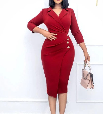 Robe Midi Femme - Coupe Cintrée Élégante - Manches 3/4 - Décolleté V - Style Portefeuille