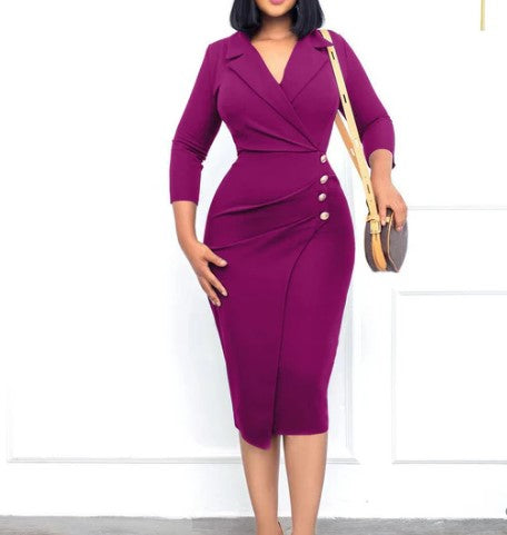 Robe Midi Femme - Coupe Cintrée Élégante - Manches 3/4 - Décolleté V - Style Portefeuille