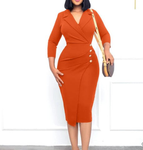 Robe Midi Femme - Coupe Cintrée Élégante - Manches 3/4 - Décolleté V - Style Portefeuille