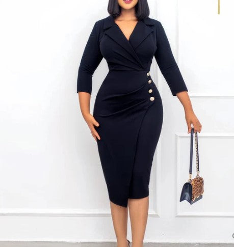 Robe Midi Femme - Coupe Cintrée Élégante - Manches 3/4 - Décolleté V - Style Portefeuille