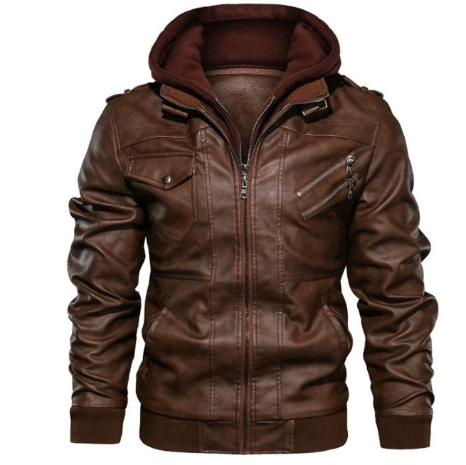 Blouson homme – Cuir – Coupe slim – Capuche – Poches multiples – Fermeture zippée