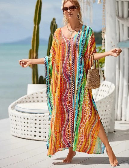 Robe Kaftan Femme - Longue et Ample - Col V - Motif Graphique Élégant - Manches Larges
