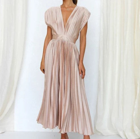 Robe Femme - Sans Manches - Décolleté V - Taille Cintrée - Jupe Plissée Midi