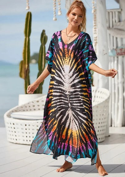 Robe Kaftan Femme - Longue et Ample - Col V - Motif Graphique Élégant - Manches Larges