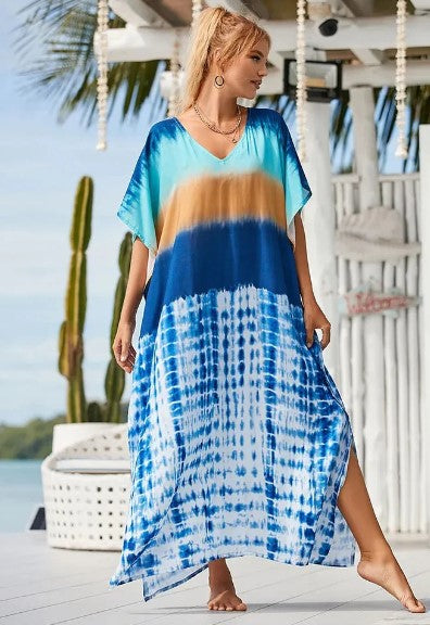 Robe Kaftan Femme - Longue et Ample - Col V - Motif Graphique Élégant - Manches Larges