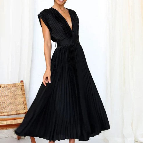Robe Femme - Sans Manches - Décolleté V - Taille Cintrée - Jupe Plissée Midi