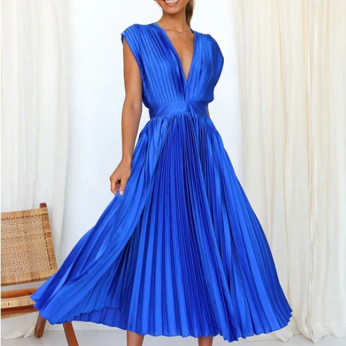 Robe Femme - Sans Manches - Décolleté V - Taille Cintrée - Jupe Plissée Midi