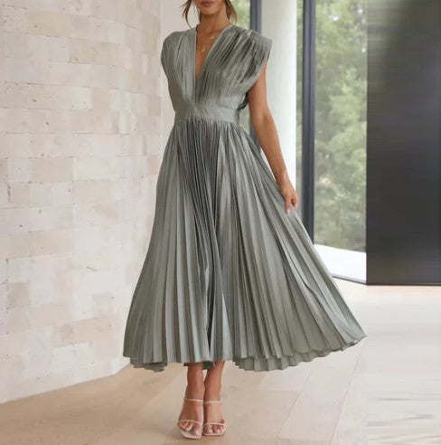 Robe Femme - Sans Manches - Décolleté V - Taille Cintrée - Jupe Plissée Midi