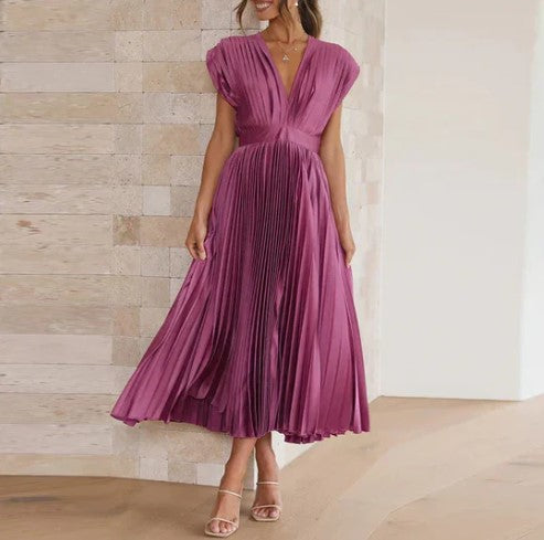 Robe Femme - Sans Manches - Décolleté V - Taille Cintrée - Jupe Plissée Midi