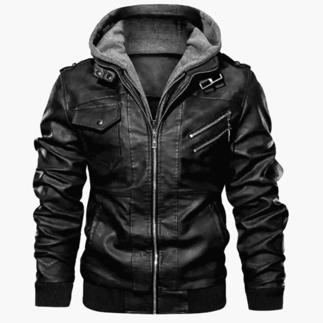 Blouson homme – Cuir – Coupe slim – Capuche – Poches multiples – Fermeture zippée